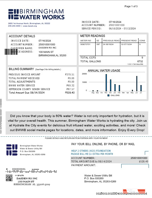 UNITED KINGDOM BIRMINGHAM WATER business utility bill Word and PDF template 1 PSD template